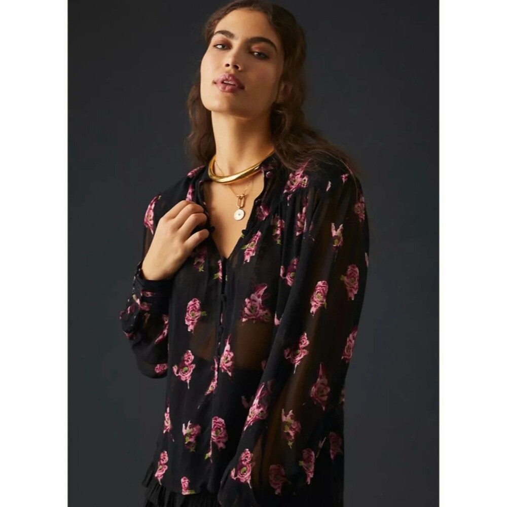 Anthropologie Blouse Womens S Black Henley Long Sleeve Sheer Floral Chiffon